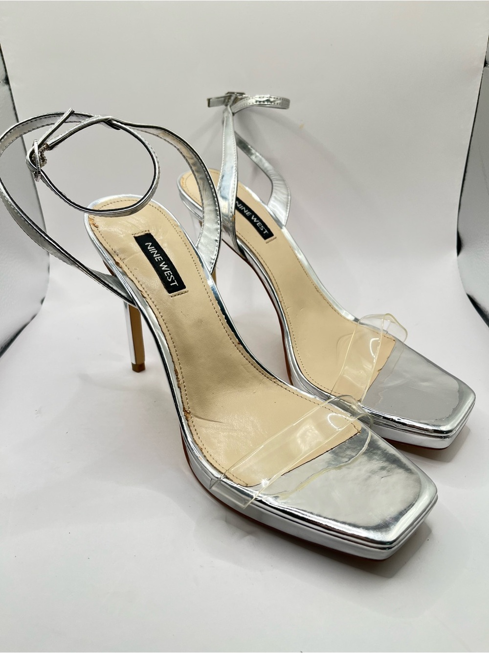 Nine West New Women's 9 Silver Ankle-Strap Clear Band High Heels
